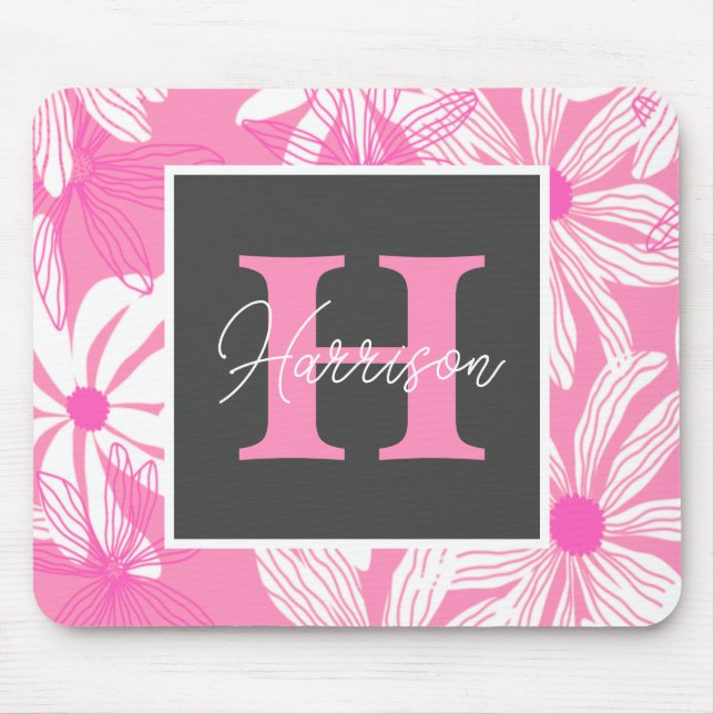 Groovy pink floral Flowers Monogram   Mouse Pad (Front)