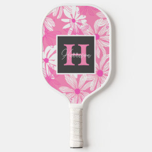Groovy pink floral Monogram & Name Personalised  Pickleball Paddle