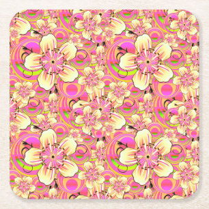 groovy pink flower pattern square paper coaster