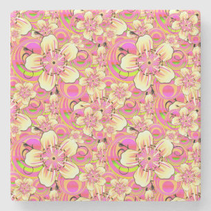 groovy pink flower pattern stone coaster