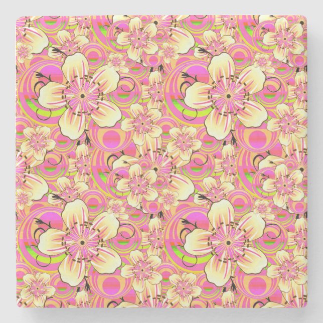 groovy pink flower pattern stone coaster (Front)