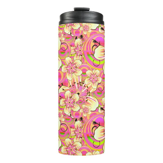 groovy pink flower pattern thermal tumbler (Front)