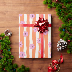 Groovy Pink Flowers on Orange Stripes Wrapping Paper