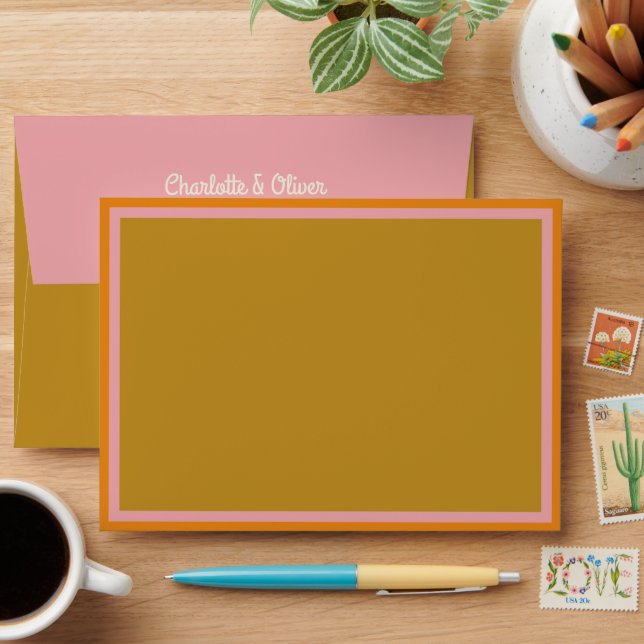 Groovy Pink Mustard Baby Shower Return Address Envelope (Desk)