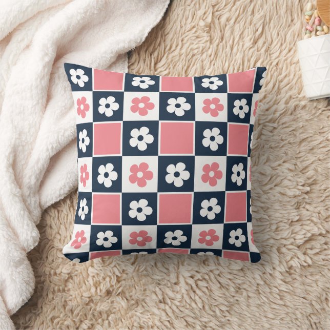 Groovy Pink & Navy Chequerboard Flower Cushion (Blanket)
