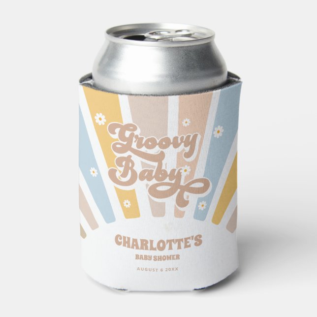 Groovy Pink Retro Daisies Photo Baby Shower Favour Can Cooler (Can Front)