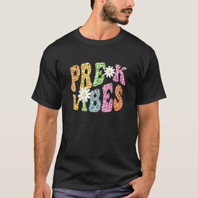Groovy PRE K VIBES Teacher Leopard Print PreK Retr T-Shirt (Front)
