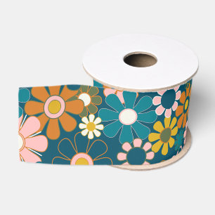 Groovy Pretty Retro Floral Pattern Grosgrain Ribbon