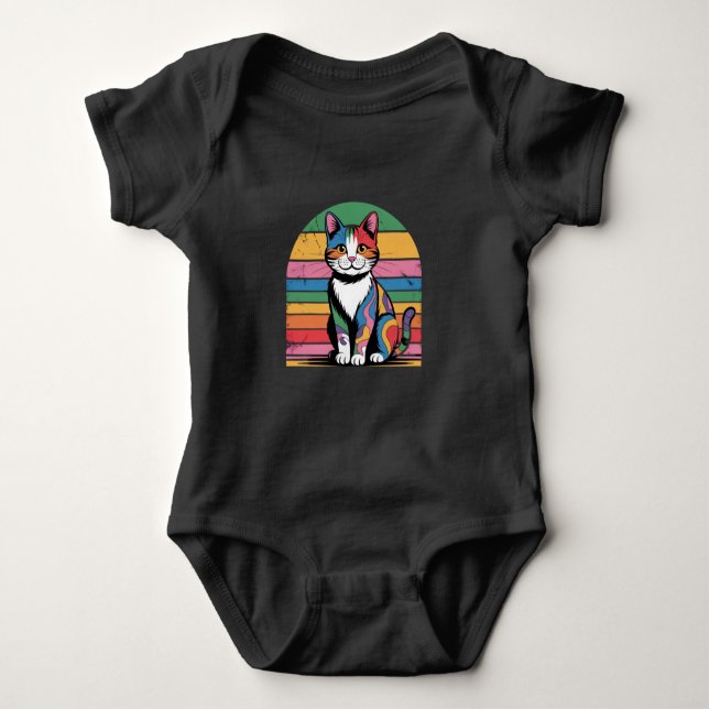 Groovy Psychedelic Cat Retro Baby T-Shirt Bodysuit (Front)