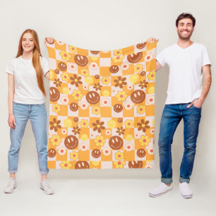 Groovy psychedelic Retro Smiley Chequerboard, Fleece Blanket