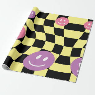 Groovy psychedelic Retro Smiley Chequerboard, Wrapping Paper