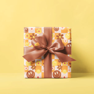 Groovy psychedelic Retro Smiley Chequerboard, Wrapping Paper