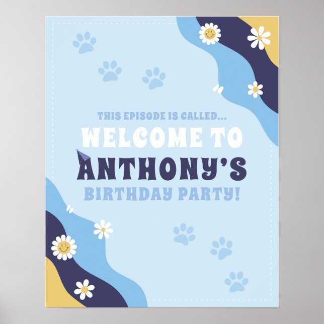 Groovy Puppy Welcome Sign Poster Birthday Blue (Front)