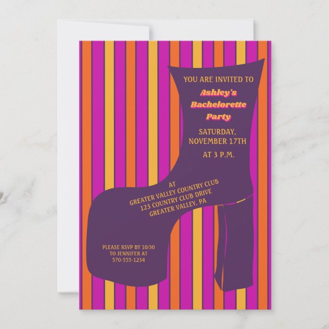 Groovy Purple Disco Shoe Bachelorette Party Invitation (Front)
