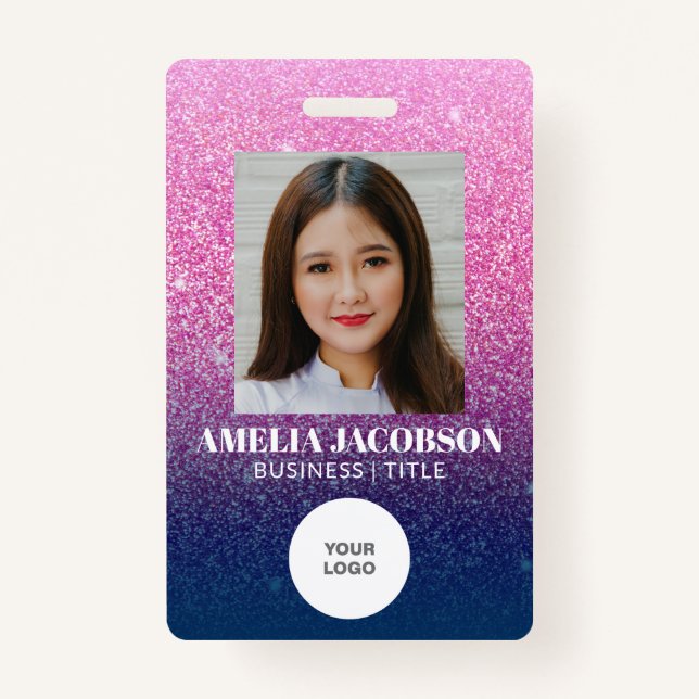 Groovy Purple Glitter Employee Photo ID Logo ID Badge (Front)