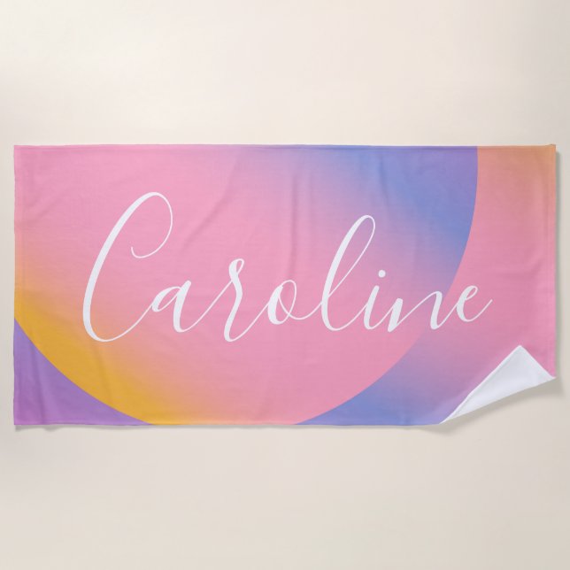 Groovy Purple Gradient | Personalised Script Name  Beach Towel (Front)