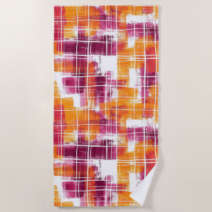 Groovy Purple Orange Plaid Stripes Beach Towel
