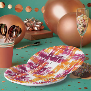 Groovy Purple Orange Plaid Stripes Birthday Paper Plate