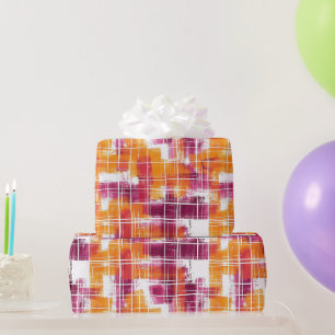 Groovy Purple Orange Plaid Stripes Birthday Wrapping Paper