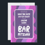 Groovy Purple Waves Custom Bat Bar Bnai Mitzvah Save The Date<br><div class="desc">Perfect card to announce a bar or bat mitzvah or other Jewish celebration and ask guests to save the date! Hand made art for you with handlettering on the front and back side! (check shop or DM for BAR/BAT options) FULLY CUSTOMIZABLE! Click on “Personalise” above to edit the text. Click...</div>