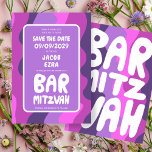 Groovy Purple Waves Custom Bat Bar Bnai Mitzvah Save The Date<br><div class="desc">Perfect card to announce a bar or bat mitzvah or other Jewish celebration and ask guests to save the date! Hand made art for you with handlettering on the front and back side! (check shop or DM for BAR/BAT options) FULLY CUSTOMIZABLE! Click on “Personalise” above to edit the text. Click...</div>