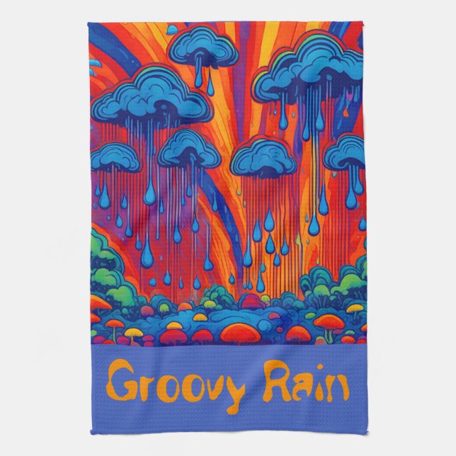Groovy Rain Retro Style Tea Towel (Vertical)