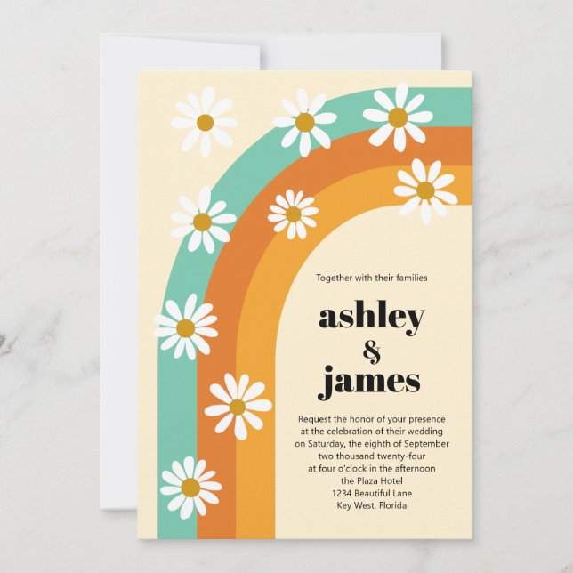 Groovy Rainbow 1970s Style Boho Daisy Wedding Invitation (Front)
