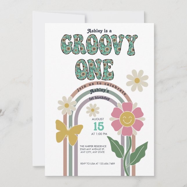 Groovy Rainbow | 1st birthday invitations (Front)
