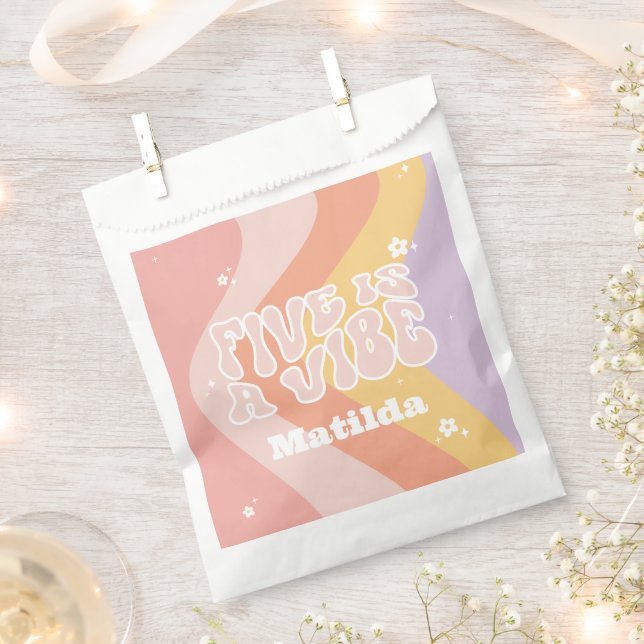 Groovy rainbow 5 is a vibe 60's retro daisy cool favour bag (Clipped)