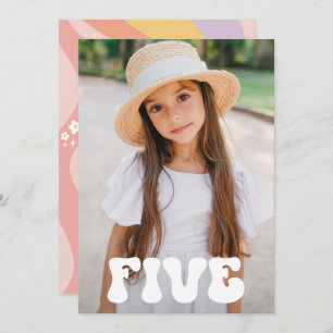 groovy rainbow 5 is a vibe 60's retro daisy photo invitation