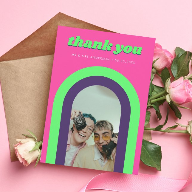 Groovy Rainbow Arch Hot Pink & Green Retro Wedding Thank You Card (Creator Uploaded)