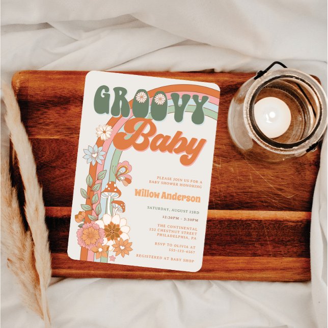 Groovy Rainbow Baby Shower Invite Retro (Creator Uploaded)