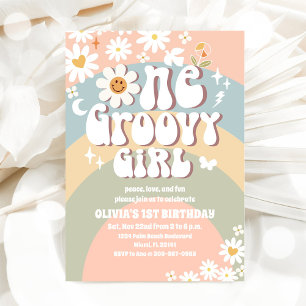 Groovy Rainbow Daisy 1st Birthday Invitation