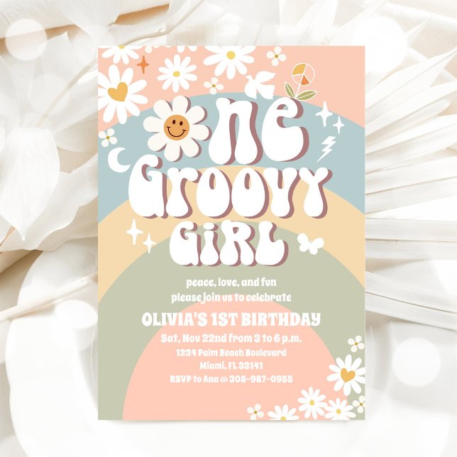 Groovy Rainbow Daisy 1st Birthday Invitation (Creator Uploaded)