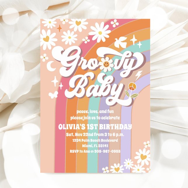 Groovy Rainbow Daisy Birthday Invitation (Creator Uploaded)