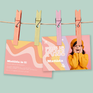 groovy rainbow five is a vibe 60's daisy photo invitation
