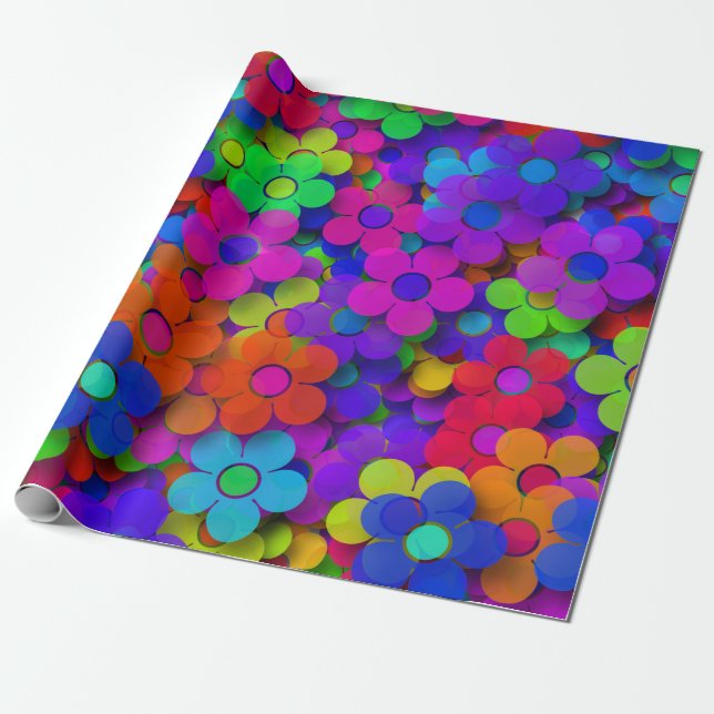 Groovy Rainbow Flowers Purple Wrapping Paper (Unrolled)