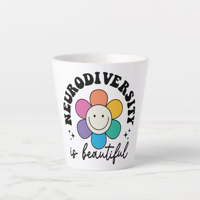 Groovy Rainbow Smiley Flower Neurodiversity Latte Mug (Front)