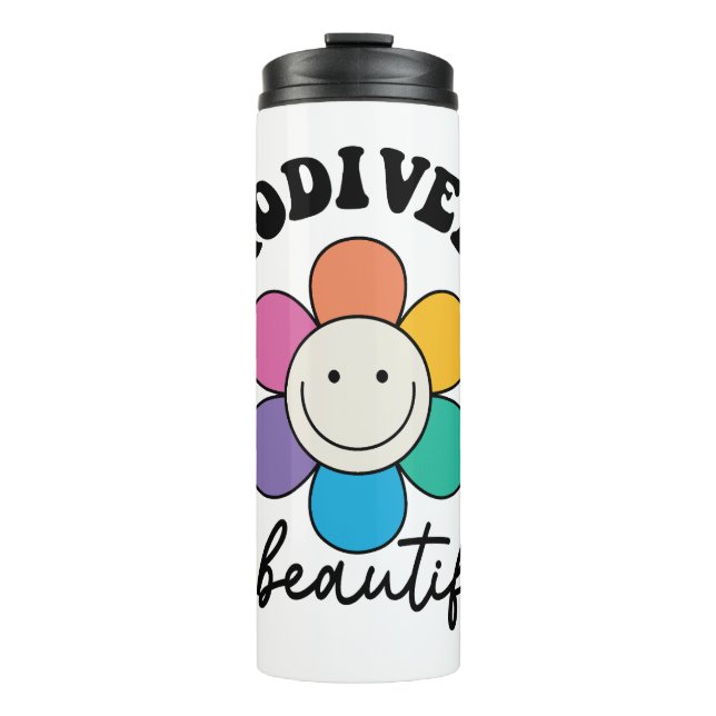 Groovy Rainbow Smiley Flower Neurodiversity Thermal Tumbler (Front)