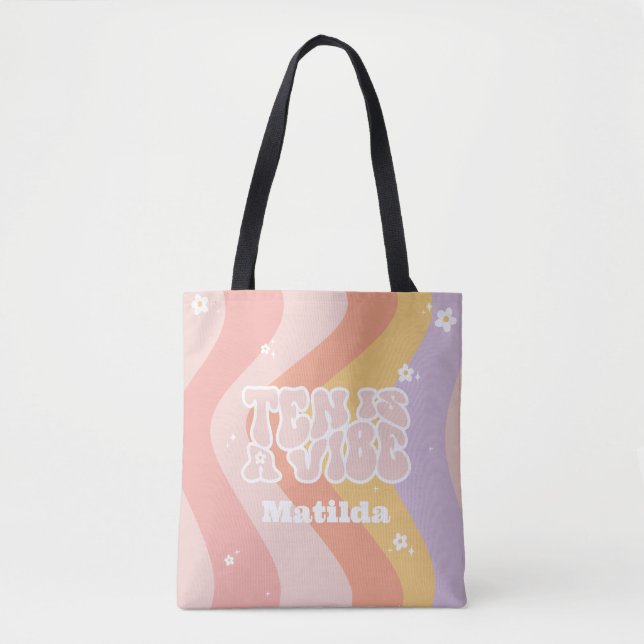 groovy rainbow ten is a vibe 60's retro daisy cool tote bag (Front)
