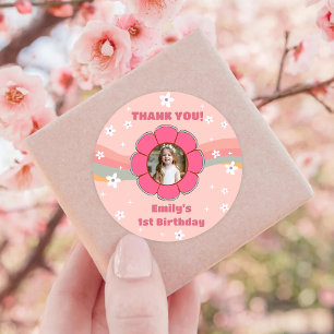 Groovy Rainbow Thank You Birthday Party Classic Round Sticker