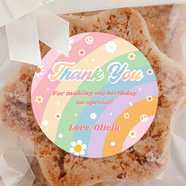 Groovy Rainbow Thank You Birthday Party Classic Round Sticker (Creator Uploaded)