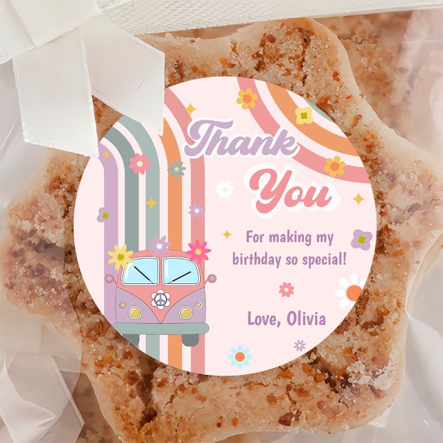 Groovy Rainbow Thank You Birthday Party Classic Round Sticker (Creator Uploaded)