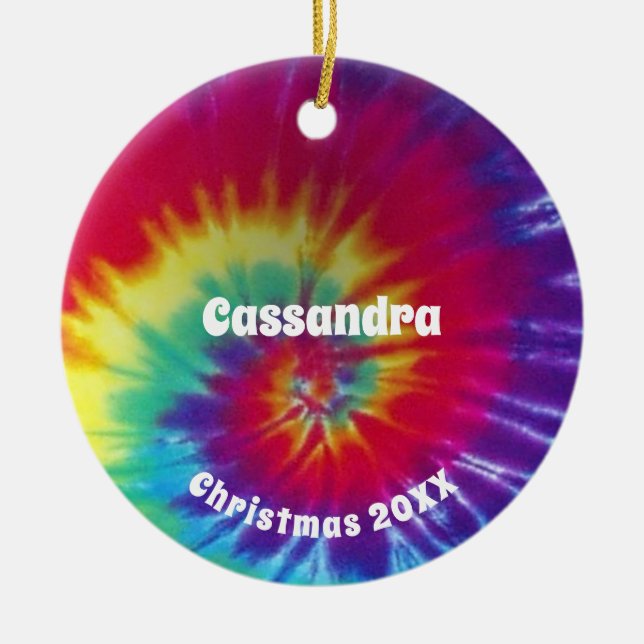 Groovy Rainbow Tie-Dye Hippie Ceramic Ornament (Front)