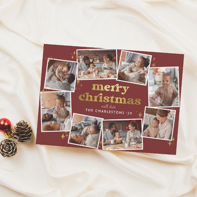 Groovy Red & Gold Merry Christmas 8 Photo Collage Holiday Card (Creator Uploaded)