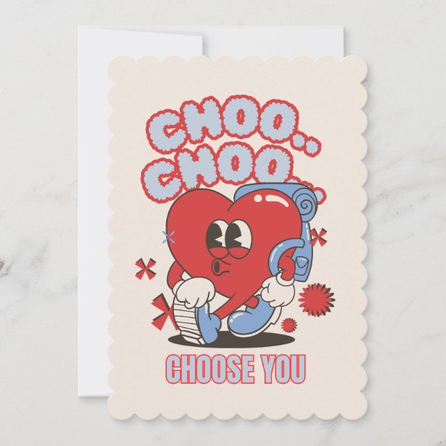 Groovy Red Heart Choo Choo Choose you Valentines  Holiday Card (Front)