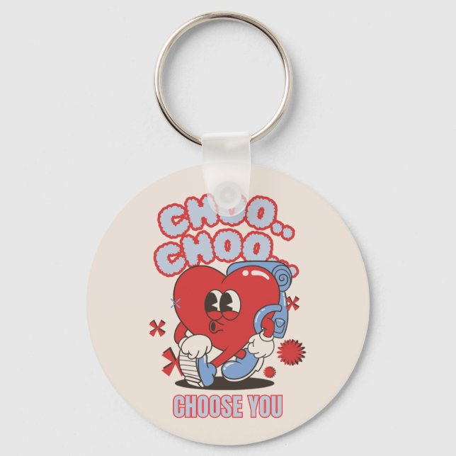 Groovy Red Heart Choo Choo Choose You Valentines  Key Ring (Front)