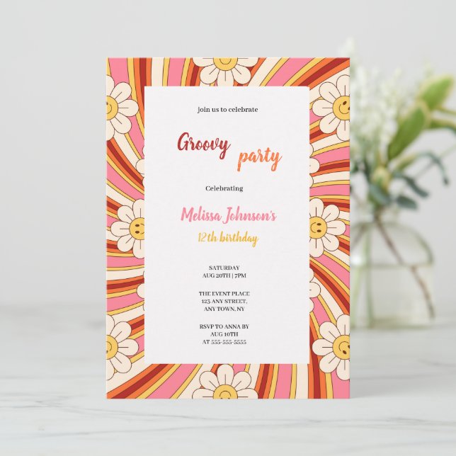 groovy red,orange,pink,yellow birthday with flower invitation (Standing Front)