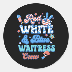 Groovy Red White Blue Waitress Crew 4th Of July Classic Round Sticker