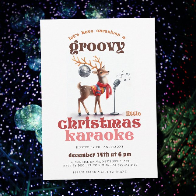Groovy Reindeer Karaoke Funny Christmas Party Invitation (groovy little christmas karaoke party hippie disco reindeer 70s nostalgia retro vintage invitation)